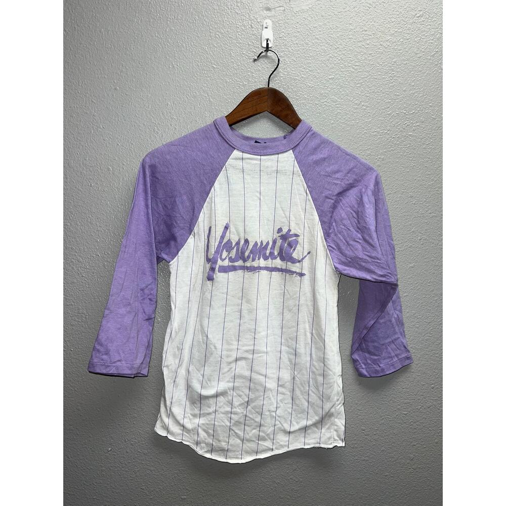 Vintage Yosemite Shirt Raglan White Purple Pinstriped Sneakers 80s 70s VTG Small